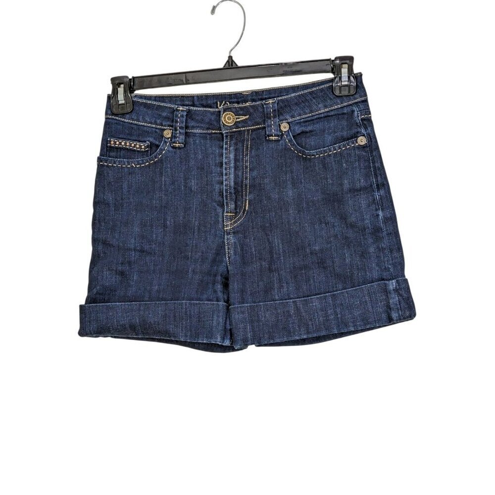 Vintage Women Jean Denim Shorts Bling Pockets Cuffed Dark Wash Size 8 Euro 38